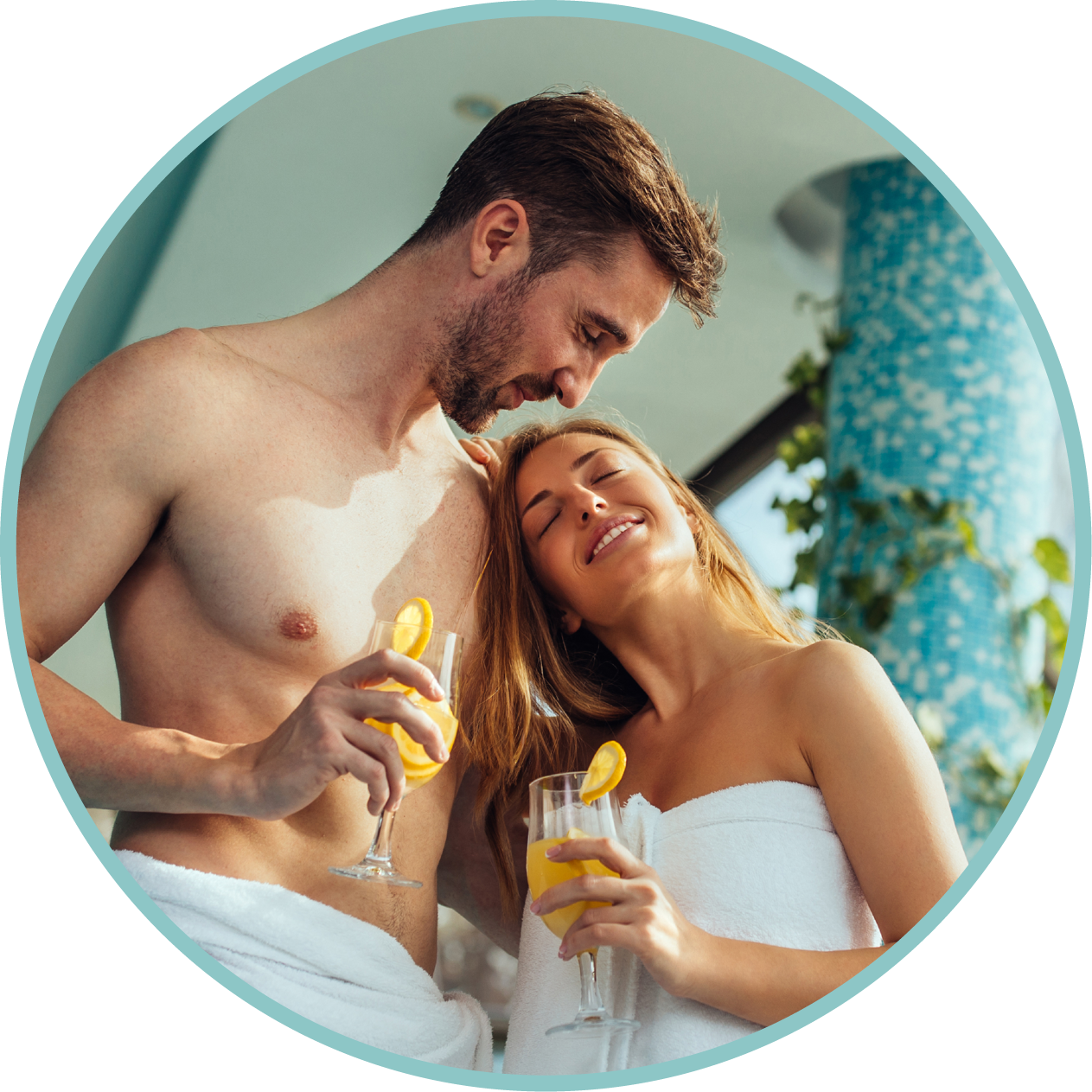 A couple enjoys a beverage in a resort spa